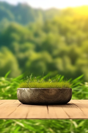 Wooden table top on blur green tea mountain and grass field.Fresh and Relax concept.For montage prodの素材