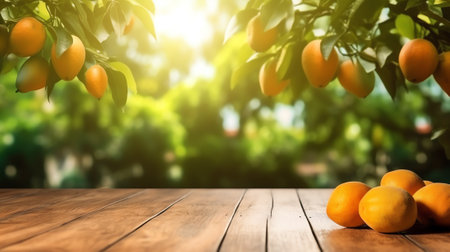 Empty wood table with free space over orange trees, orange field background. For product display monの素材