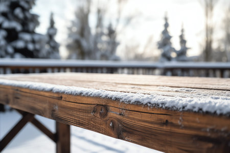 Back yard (backyard) covered in snow in winter, with a teak hardwood wooden bench on lawn. England,の素材