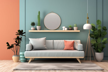 Blue wall living room / 3D render interiorの素材