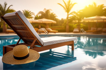 Umbrella and chair around outdoor swimming pool in resort hotel for vacation leisureの素材