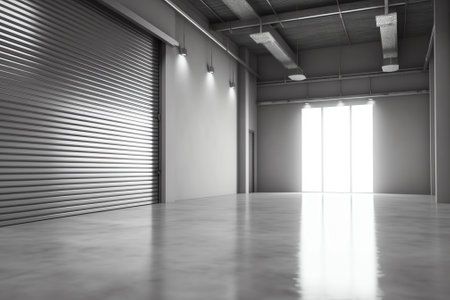Roller door or roller shutter using for factory, warehouse or hangar. Industrial building interior cの素材