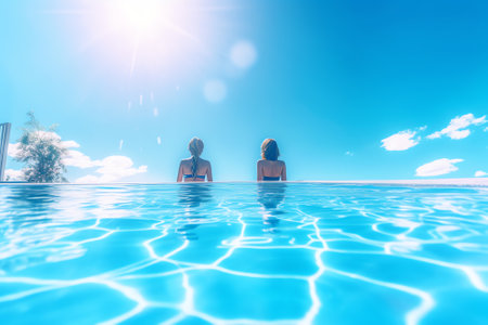 3d render, abstract turquoise blue background. Sun rays shining through the water inside swimming poの素材