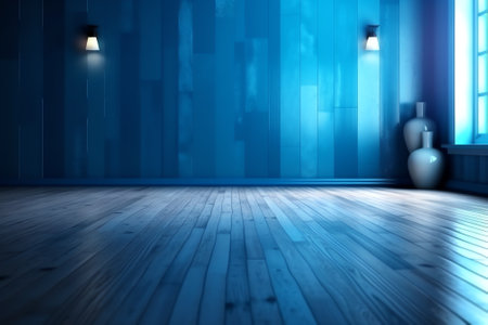 wide laminate floor and huge empty blue wall in empty room with wooden benchの素材