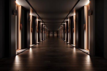 Long dark corridor interior. 3D Renderingの素材