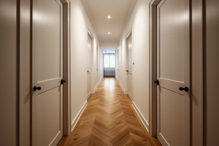 an empty hallway with white walls and wood flooring, leading to the living room on the right handraiの素材