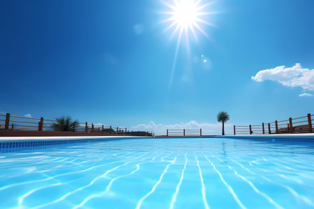 Blue tiled empty swimming pool on a sunny day without waterの素材