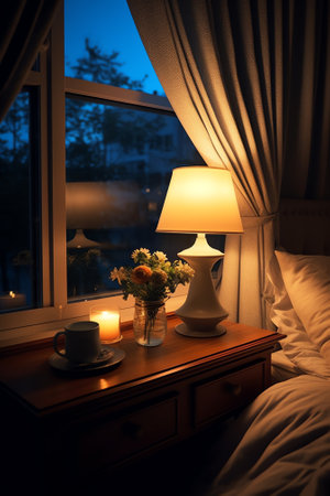 cozy modern illuminated bedroom with a bedside lamp in an hotel room.の素材