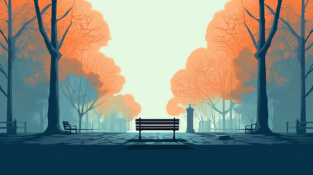 Bench in park, summer landscape with city view daytime background, empty public place for walking anの素材