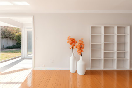 Interior of spacious empty refurbished living room with whitewash walls laminated floor with white dの素材