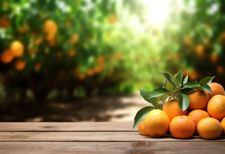 Empty wood table with free space over orange trees, orange field background. For product display monの素材
