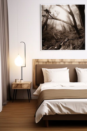 Clean, white bedroom scene with blank wall or blank frame for artの素材