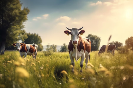 Cows grazing on grass field of lush farmland between trees in rural countryside. Bovine livestock eaの素材