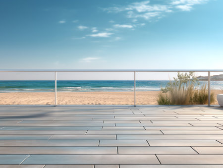 Gray concrete bench on empty outdoor terrace near garden in modern city park. Plaza 3d rendering witの素材