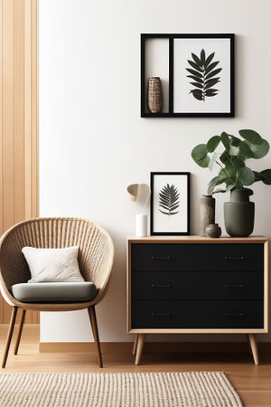 White entrance hallway with a blank vertical poster and pampas grass on a sideboard, a wardrobe, anの素材