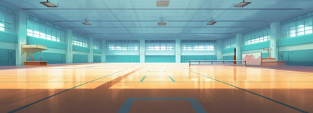 Sun lit school or university gym hall with soccer goal and basketball hoop. Flat style vector illustの素材
