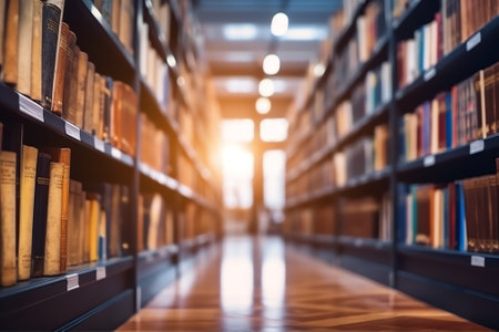 Blurred image for background of many books on bookshelf in library.の素材