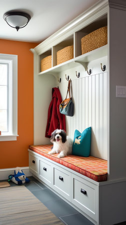 Laundry room and mud room waiting area coat rack hooks baskets shoes washing machine dryer cabinetsの素材