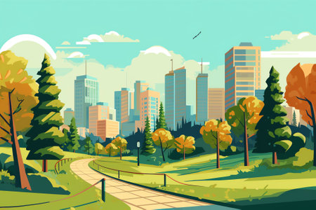 City park, summer or spring time scenery landscape, cityscape background, empty public place for walの素材