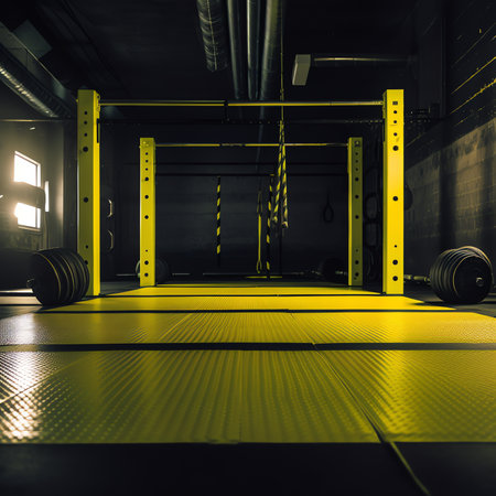Modern new school building. Empty school gymnasium with yellow floor and climbing near wallsの素材