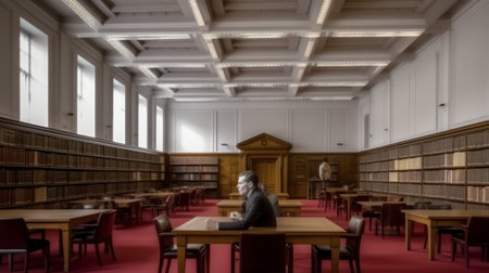 Tables and chairs in empty college libraryの素材