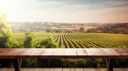 empty wooden table on the background of vines, tuscan landscape at sunriseの素材