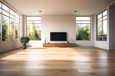 Spacious empty living room with wooden flooringの素材