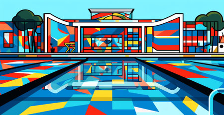 Empty public swimming pool with big window. Flat design vector illustration.の素材