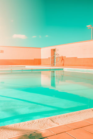 Focus on a piece of an abandoned public swimming pool in a bright blue colour with red stripes. Theの素材