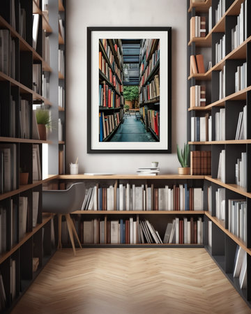 Modern library interior with empty poster on wall and workplace. Mock up, 3D Renderingの素材