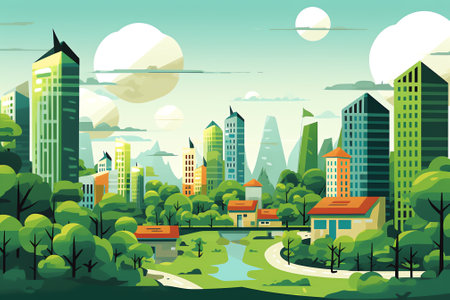 Summer suburban landscape with road, wooden bench and urban skyline. Vector cartoon illustration ofの素材