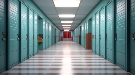 Corridor of self storage unit with red doors. Rental Storage Unitsの素材