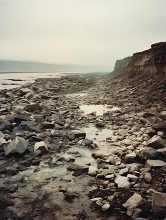 View looking out to sea through a wild rocky coastline with sand and rock pools and dramatic black aの素材