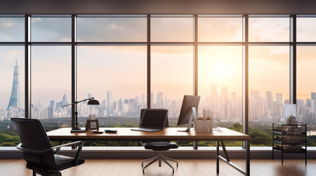 Open space office in loft style hangar with windows in floor and city view 3D Renderの素材