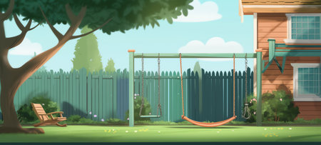 Empty playground with no children. Swing, slide, seesaw, spring rocker, sandbox and abandoned toys oの素材