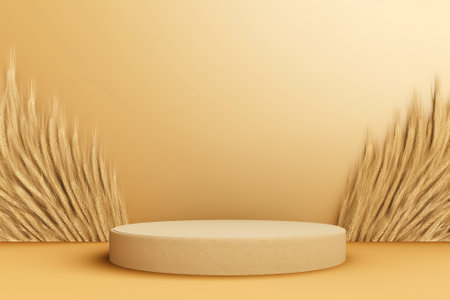 Empty wooden log on rustic table over wheat field background. Jewish holiday Shavuot mock up for desの素材