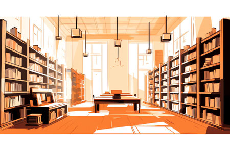 Modern library empty interior with bookcase, table, chairs and computers. Vector illustration.の素材