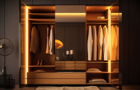 wooden wardrobe interior design, beautiful cabinet and modern lampの素材