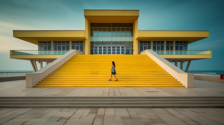 Detail of the yellow ramp skating park with blue sky and grey concrete. Bright architectural elementの素材