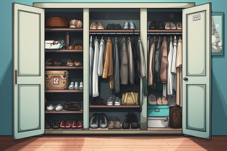 Room with the open empty closet, working closet, cupboard with some racks, hangers and big mirror. Iの素材