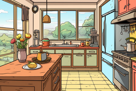 Kitchen interior with dining table, counter, fridge, stove and cupboards. Vector cartoon illustratioの素材