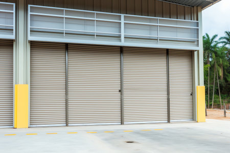 Shutter door or roller door and concrete floor inside factory building for industry background, Poliの素材