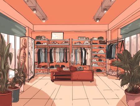 Empty walk-in closet, modern wardrobe room interior with hangers, shelves and drawers on wall decoraの素材