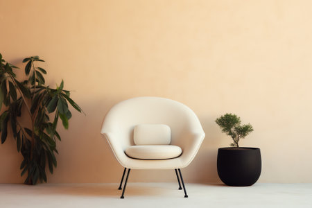 Generative AI digital render of three chairs and a plant pot in front of a white wallの素材