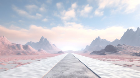 Generative AI empty asphalt road and snow mountains in blue cloud skyの素材