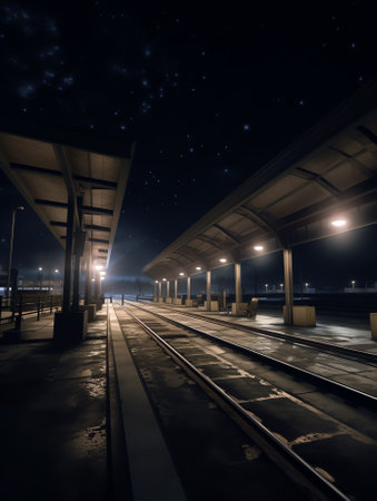 Generative AI Empty railway station after reconstruction in nightの素材
