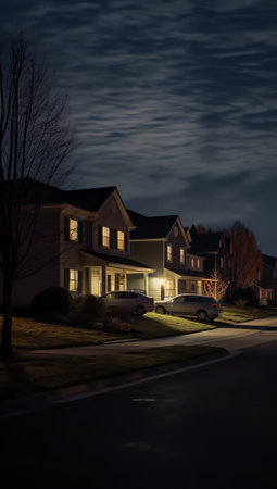 Generative AI Empty street at night in an estateの素材