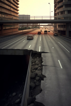 Generative AI Empty road floor surface with city viaduct overpass bridge backgroundの素材