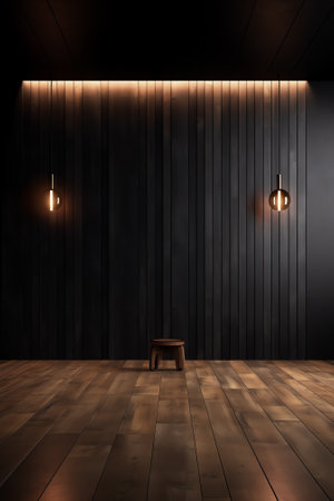 Generative AI Black interior with wood wall panel and plants. 3d render illustration mock up.の素材