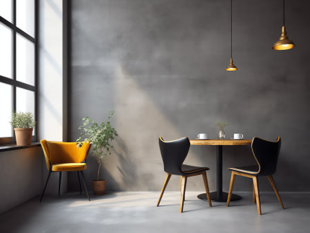 Generative AI Empty on people . Coffee shop interior design With chairs and white walls.の素材